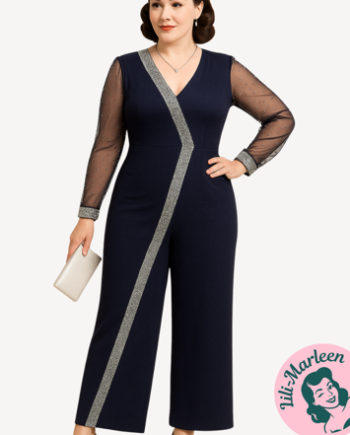 Buksedragt Navy Med Sølv Kant Chiffon ærmer