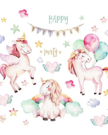 Sød Enhjørning Wallsticker Happy Birthday Party Fødselsdagsfest