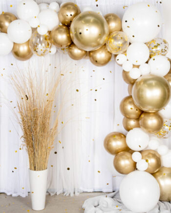 Ballonbue Hvid   Guld Inkl Balloner   Konfetti Dele
