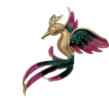 Broche Fønix Med Guld Pink Grøn